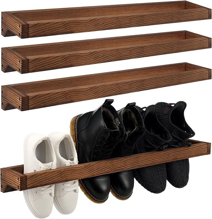 Wenqik 4 Pcs Wall Mounted Wooden Shoe Rack 30 Inch Rustic Wood Wall Hanging Shoe Rack Space Saving Footwear Holder Shoes Storage Organizer for Mudroom, Entryway, Closet (Burnt Wood)