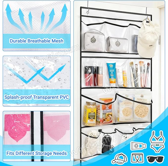 Cruise Ship Magnetic Door Organizer, Over The Door Organizer For Cruise Ships, Magnetic Shoe Rack with 2 Strong Anti-Scratch Magnets & Durable Pockets To Store Cruise Essentials (White)