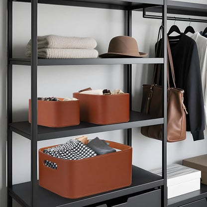 HofferRuffer Faux Leather Storage Baskets Bins with Velvet Lining for Organizing, Storage, Gifts, Set of 3 Nesting Shelf Baskets Decorative Storage Boxes for Home Organization (Brown)