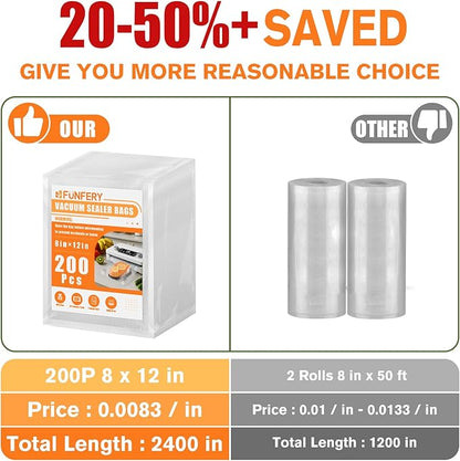 FUNFERY Precut Vacuum Sealer Bags for Food, 200 Quart 8" x 12", Food Long-Term Storage and Sous Vide Commercial-Grade Bag, BPA Free for Microwave, Boiling,Sous Vide, Refrigerator