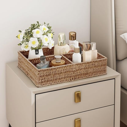Vagusicc Wicker Divided Storage Basket, Wicker Baskets, Basket for Shelves Drawer Organizing, 3 Section Rectangular Woven Storage Baskets, 2-Pack, Natural