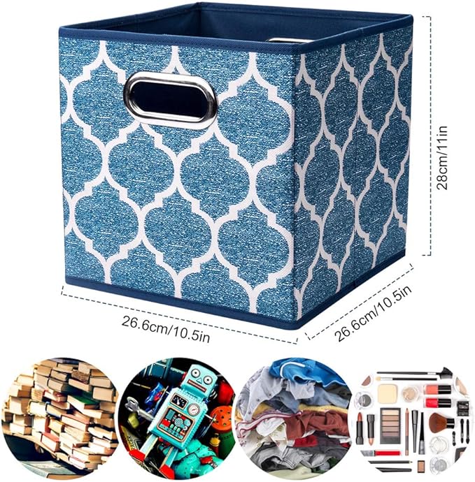Square Fabric Cube Storage Bins 10.5x10.5 x 11In Blue Cloth Storage Cubes Baskets Foldable Storage Boxes Decorative Cubicle Strorage Inserts Cubes Drawer Organizer Closet,QY-SC09-6