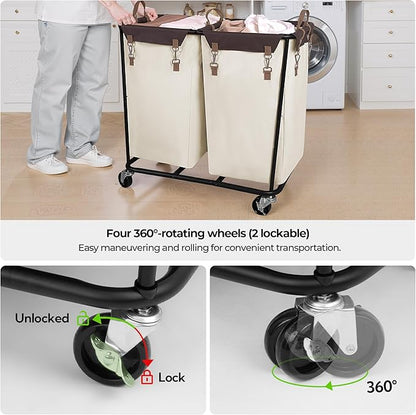 StorageWorks 280L Large Laundry Hamper with Wheels, Laundry Basket with Wheels 2 Sections, Clothes Sorter Cart with Divider for Hotel, Home, Beige, 1-Pack