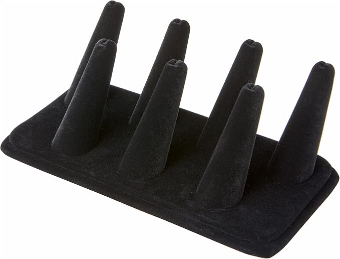 Plymor Black Velvet Ring Finger Display, Seven on Rectangular Base, 6.75" W x 3.5" D x 2.25" H