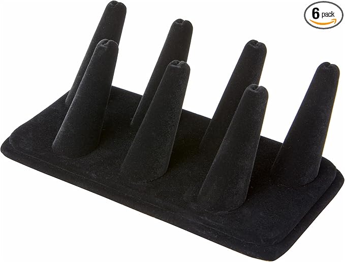 Plymor Black Velvet Ring Finger Display, Seven on Rectangular Base, 6.75" W x 3.5" D x 2.25" H (Pack of 6)