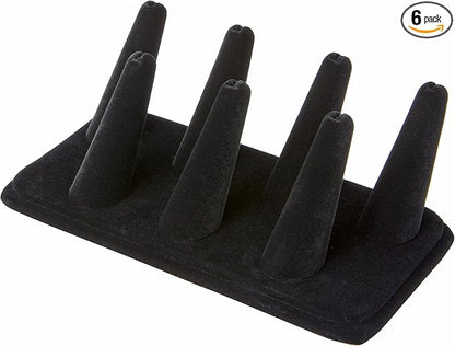 Plymor Black Velvet Ring Finger Display, Seven on Rectangular Base, 6.75" W x 3.5" D x 2.25" H (Pack of 6)