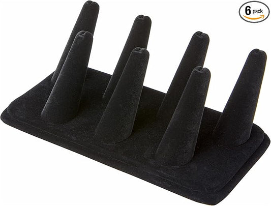 Plymor Black Velvet Ring Finger Display, Seven on Rectangular Base, 6.75" W x 3.5" D x 2.25" H (Pack of 6)