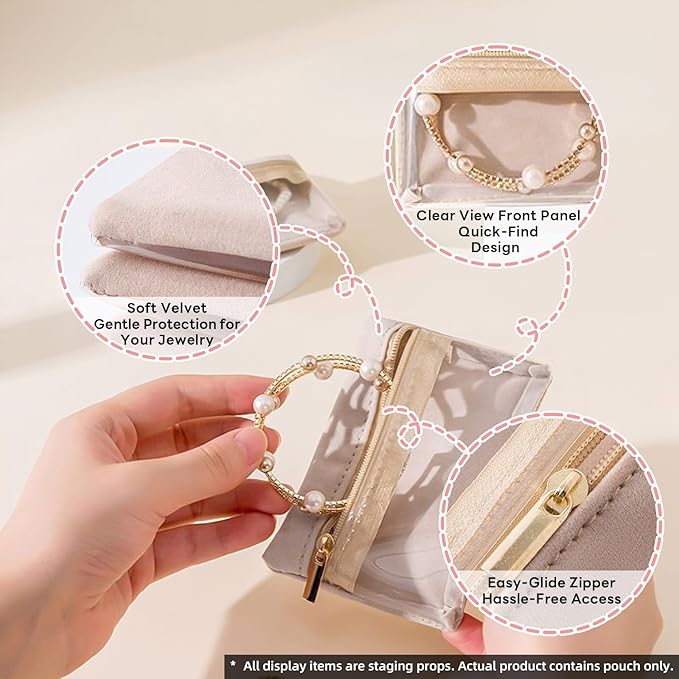 Jewelry Organizer Storage Pouches, Travel Jewelry Organizer Velvet Jewelry Pouch with Zipper Clear Travel Jewelry Bag for Travel Business Trip Mother‘s Day Gift for Mom Wife Women (Beige-12Pcs)
