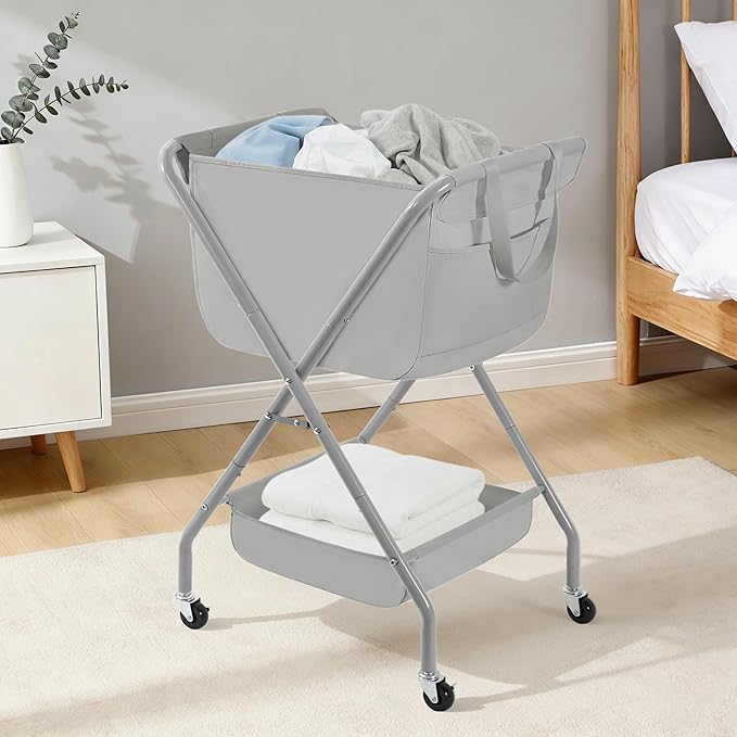 STORAGE MANIAC Collapsible Laundry Cart with Wheels 35.6"H Removable Canvas Bag Rolling Laundry Hamper Clothes Basket with Wheels, Sturdy Steel Frame Folding for Small Narrow Space Easy Storage, Grey