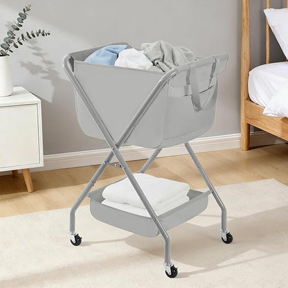 STORAGE MANIAC Collapsible Laundry Cart with Wheels 35.6"H Removable Canvas Bag Rolling Laundry Hamper Clothes Basket with Wheels, Sturdy Steel Frame Folding for Small Narrow Space Easy Storage, Grey