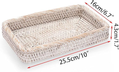 Sumnacon 10 Inch Rattan Bathroom Vanity Tray - Decorative Wicker Toilet Tank Tray for Paper Hand Towel, Vintage Storage Basket Bin for Bathroom Kitchen Toilet Tank Vanity Countertop Table Shelf White