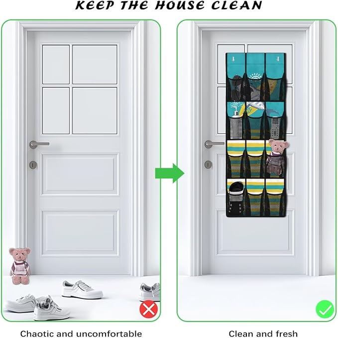 Large Capacity Door Organizer with 12 Pockets, Storage Hanging Bag Behind the Door for Accessories and Essentials, Foldable and Space Saving Design for Home Use, Cartoon Shark and Stripe