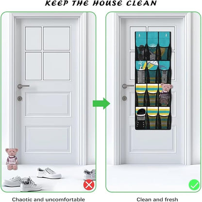 Large Capacity Door Organizer with 12 Pockets, Storage Hanging Bag Behind the Door for Accessories and Essentials, Foldable and Space Saving Design for Home Use, Cartoon Shark and Stripe