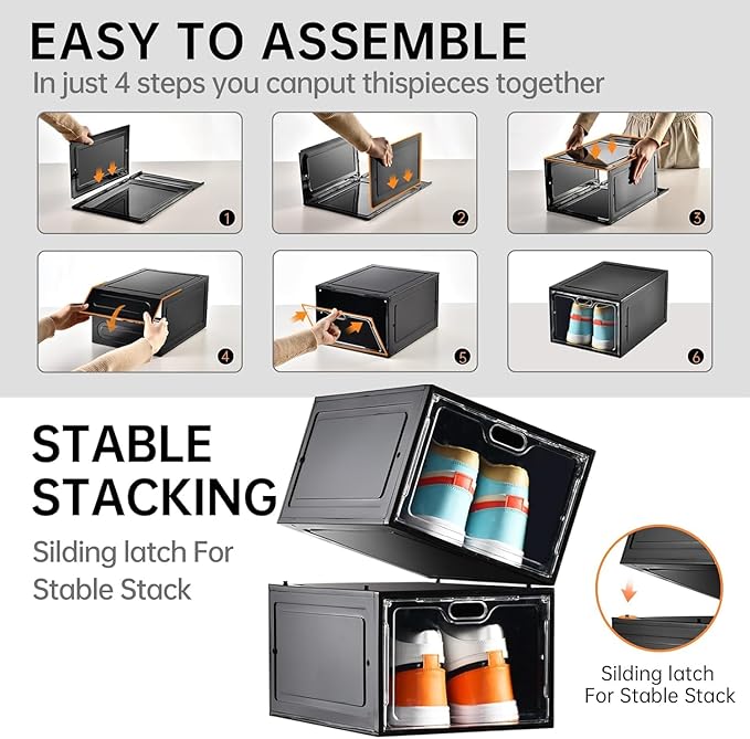 INSTY 12 Pack Large Shoe Storage Box, Clear Shoe Storage Organizer with Magnetic Door, Stackable,Shoe Containers For Display Sneakers, Easy Assembly, Fit up to US Size 12, Black
