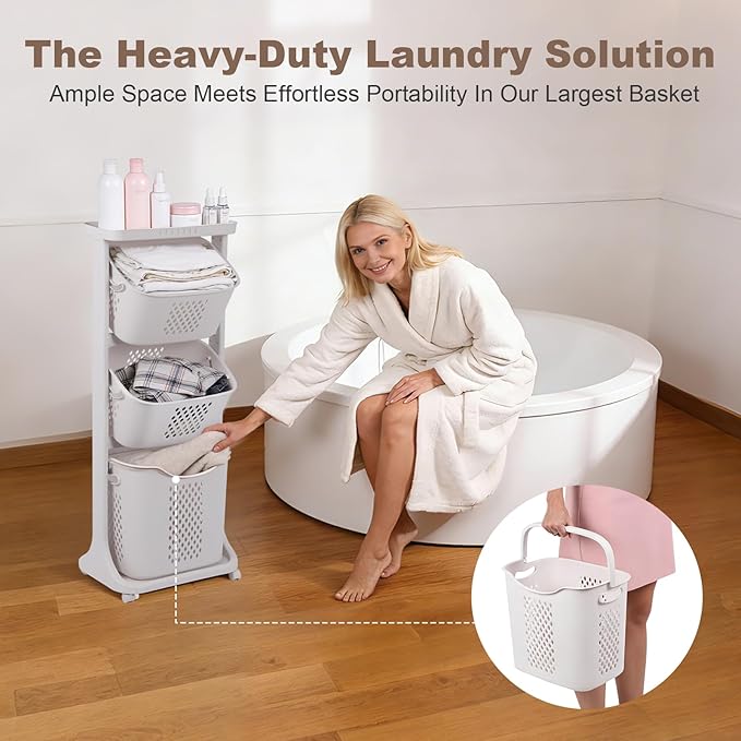 FAHKNS 3-Tier Laundry Sorter Cart with Wheels, Large 75L Capacity Hamper Organizer, Rolling Storage with Removable Mesh Bins for Laundry Use in Home, Dorm, Apartment (17.3" x 13.1" x 42.6)