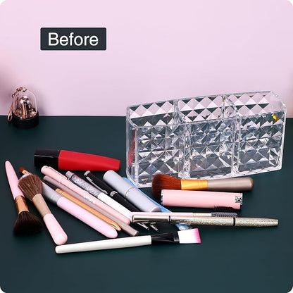 MOSIKER Makeup Brush Holder for Vanity,Acrylic Clear Small Compact Nail Hair Lip Liner Brush Pen Organizer with 3 Slots