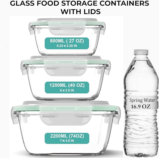 Razab 6 PC Square Glass Food Storage Containers with Airtight lids (74, 40 & 18 oz) Kitchen Glass Meal Prep Containers Set for Freezer Reusable Leftover Lunch Boxes, Oven, Microwave, Dishwasher Safe