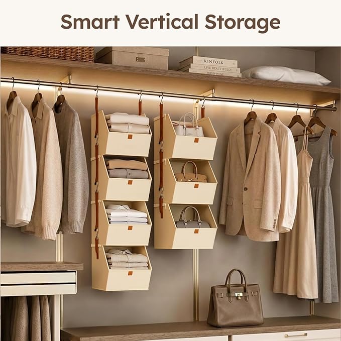 Homsorout Hanging Closet Organizer 4 Tier - Clothes Hanging Shelves, Space-Saving Closet System, Fabric Storage Bins Bedroom Organization, Collapsible Baskets for Home, Dorm, Rv, Beige, 8 Pack