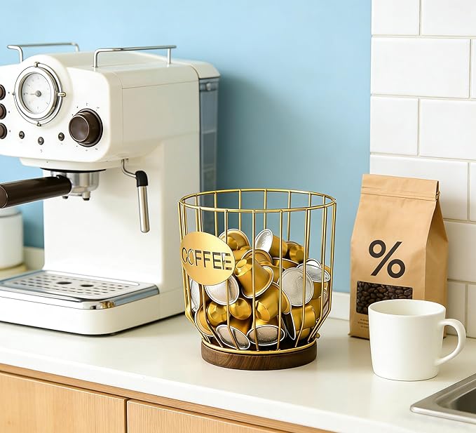 Coffee Pod Holders for Counter, K-Cup Holder, Metal Coffee Pod Basket, Espresso Pods Organizer, Coffee Station Accessories (Gold Plating)