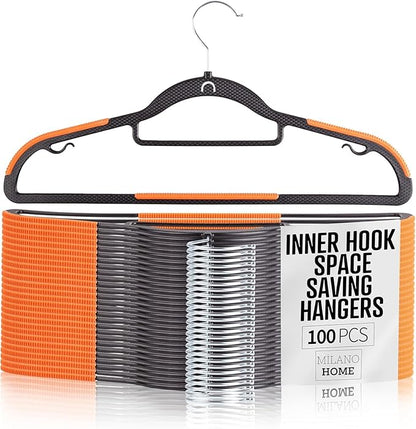 Plastic Hangers 100 Pack, Cascading Slim Space Saving Clothing Hangers with 360° Rotating Hook, Non Slip Clothes Hangers for Sweater Shirt, Heavy Duty Coat Hanger with Inner Hook for Closet, Black