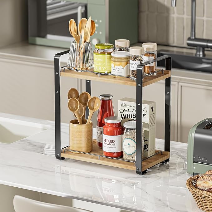 Delamu 2-Tier Bathroom Counter Organizer, Wood Vanity Organizer Countertop for Skincare & Makeup, Multi-Purpose Vanity Bathroom Shelf for Coffee Station Kitchen Storage and Organization
