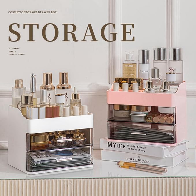 Makeup Organizer for Vanity,Vanity Organizer with 2 Drawers,Makeup&Skincare Organizers Countertop,Cosmetic Display Case,Vanity Storage Box(White)