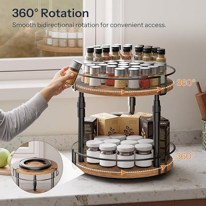 HOOBRO Lazy Susan Organizer Spice Rack, 2-Tier Height Adjustable Rotating Spice Organizer, for Kitchen Countertop and Cabinet, Rustic Brown BF05TL01