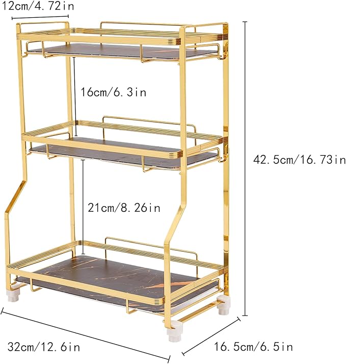 3 Tier Bathroom Countertop Organizer, Gold Bathroom Vanity Counter Organizer with Small Storage Basket for Skincare Makeup Perfume (Black)