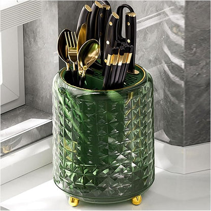 Dxcaicc Cooking Utensil Organizer for Kitchen Counter, Rotating Utensil Caddy with Removable Divider,Plastic Flatware Holder,Sink Countertop Flatware Organizer for Spoons, Forks, Knives,Green