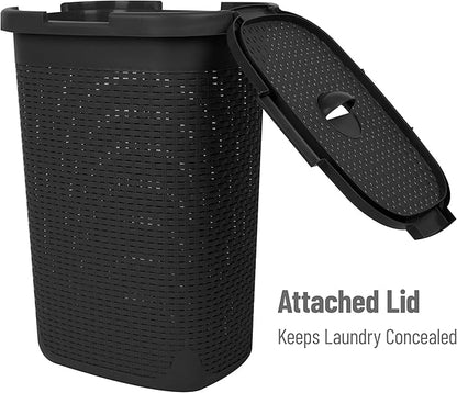 Mind Reader Slim Laundry Hamper with Lid, 60L Tall Clothes Basket, Narrow Tapered Design for Bathrooms, Closets and Laundry Rooms, Plastic, 2 Pack, Black