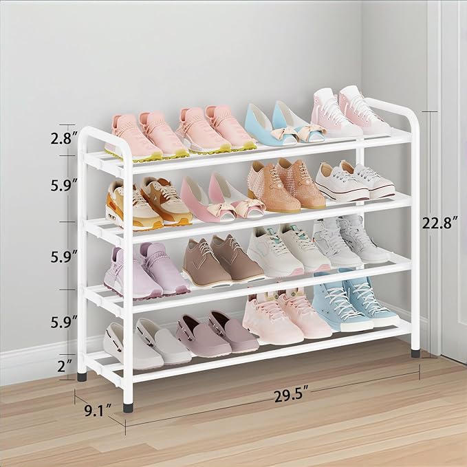 KANAV 4-Tier Expandable Shoe Rack, Heavy Duty Adjustable Metal Shoe Organizer for Closet, Entryway & Mudroom, Freestanding, Tool-Free Assembly, White