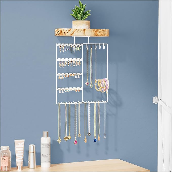 Lolalet Hanging Jewelry Organizer with Wood Shelf, 6-Tier Wall Mount Jewelry Holder with Earrings Holder Bracelets Holder Necklaces Hooks, Jewelry Display Rack for Wall Bathroom -White