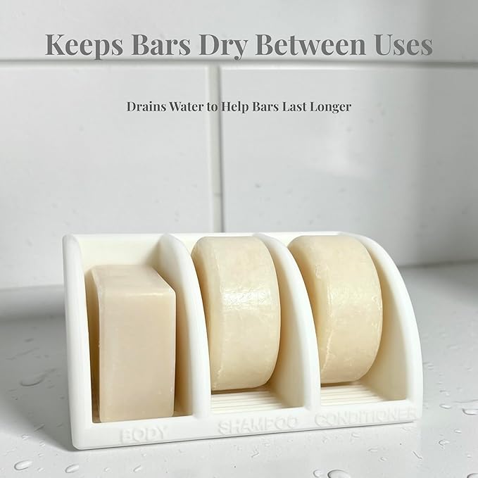Shampoo Bar Holder for Shower, 3-Slot Soap & Conditioner Organizer with Drainage - Keeps Bars Dry & Lasts Longer - Modern Bathroom Organizer by Essence & Abode (Jade White)