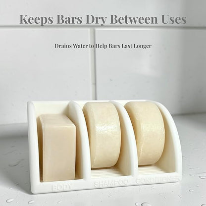 Shampoo Bar Holder for Shower, 3-Slot Soap & Conditioner Organizer with Drainage - Keeps Bars Dry & Lasts Longer - Modern Bathroom Organizer by Essence & Abode (Jade White)