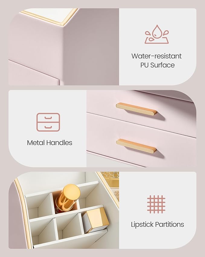 Lolalet Makeup Organizer Countertop with Drawers, Easy to Clean PU Leather Storage Box, 3-Layer Cosmetic Holder for Skincare, Lipstick, Perfume & Brush, Display Case for Vanity Dresser Bathroom -Pink