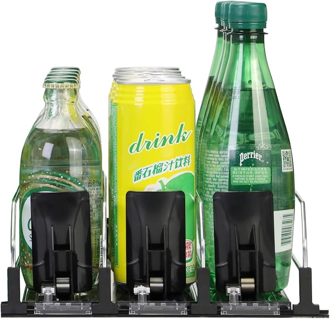 Soda organizer for Fridge, Automatic Push Drink Organizer for Refrigerator - Adjustable Width (Holds 15 Cans), Durable Beer & Drink Dispenser with Self-Pushing Glide System, Black