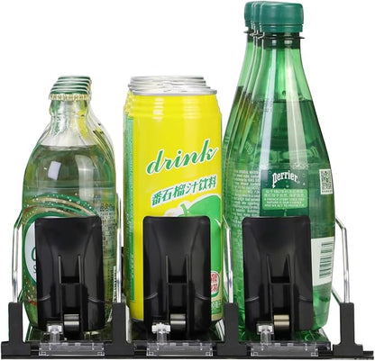 Soda organizer for Fridge, Automatic Push Drink Organizer for Refrigerator - Adjustable Width (Holds 15 Cans), Durable Beer & Drink Dispenser with Self-Pushing Glide System, Black