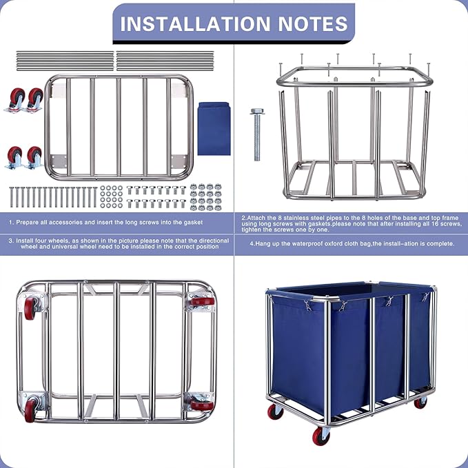 JJSMKCH Commercial Laundry Cart with Wheels, 400L Capacity, Sturdy Steel Frame, Waterproof Oxford Cloth, 330 lbs Load, Blue
