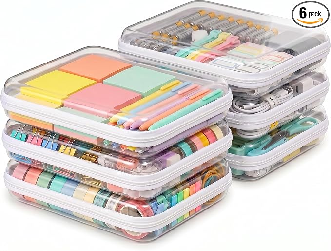 6 Pack Large White Clear Hard Shell Zipper Case, Clear Storage Organizer Bins with Zipper, Water-Resistant Travel Toiletry Bag for Toys, Cables, Crafts, Makeup, Christmas Storage Bins