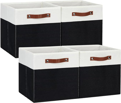 DULLEMELO Fabric Storage Bins for Shelves, Cube Storage Organizer Bins with PU Handles, Set of 4 Decorative Collapsible Storage Bins for Cube Storage,White&Black