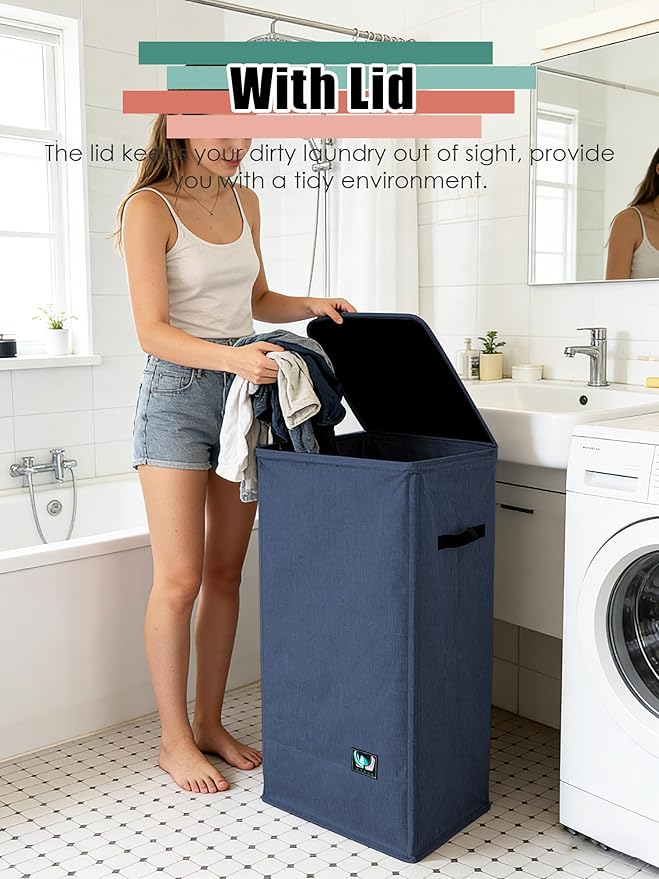 WTREE Laundry Hamper with Lid, Reinforced Sturdy Clothes Hamper with Anti-Puncture Base, Large Collapsible Laundry Basket with Removable Liner Bag, Tall Dirty Clothes Bin for Family, 100L Navy Blue