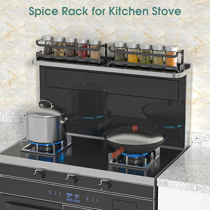 LUCYCAZ 2 Pack Wall Mounted Spice Rack with 8 Hooks, Spice Organizer Shelf for Stove Cabinet Pantry Door,Screw or Adhesive Spice Shelf Hanging Wall Spice Rack in Kitchen and RV (Black, 2 PACK)