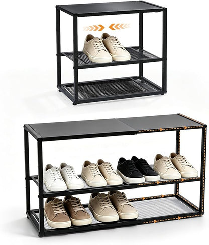 Expandable Shoe Rack,3 Tier Adjustable Metal Shoe Shelf for Closet,Sturdy Free Standing Shoe Storage for Door Entrance,Bedroom,Small Spaces,Black