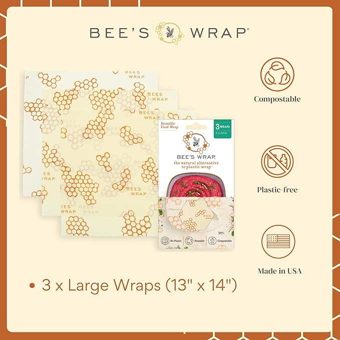 Bee's Wrap Beeswax Wraps for Food - 3 Pack of Large Beeswax Wraps - Plastic Free Made in USA Reusable Natural Food Wrap - Honeycomb Print