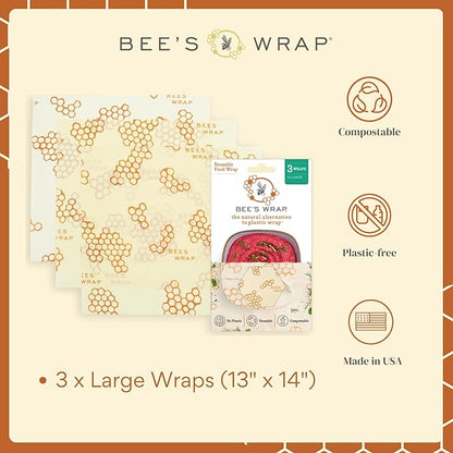 Bee's Wrap Beeswax Wraps for Food - 3 Pack of Large Beeswax Wraps - Plastic Free Made in USA Reusable Natural Food Wrap - Honeycomb Print