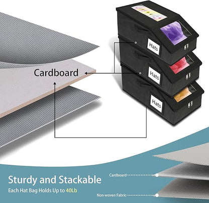 Stackable Hat Storage for Baseball Caps, 3 PCS Hat Storage Boxes for Closet, Holds up to 45 Caps with Cardboard, Hat Organizer for Women & Men(Two Clear Window)（Black）