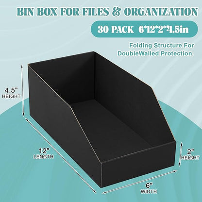 Fuyoooo 30 Pack 12 x 6 x 4. 5 Inches Cardboard Storage Bins Open Top Bin Boxes Corrugated Shelf Organizer Bins for Pantry, Parts, Garage, Snacks, Bottles, Cans or Warehouse Home Cubby, Black