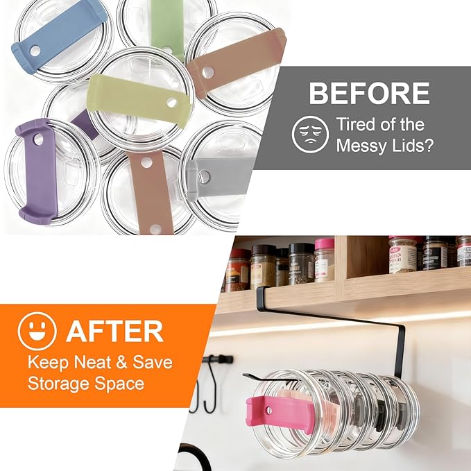Horizontal Tumbler Lid Holder, Under-Cabinet Storage Hook Organizes Up to 10 Lids, Space-Saving Cup Lid Rack for Kitchen, Also Functions as a Hanging Paper Towel Dispenser