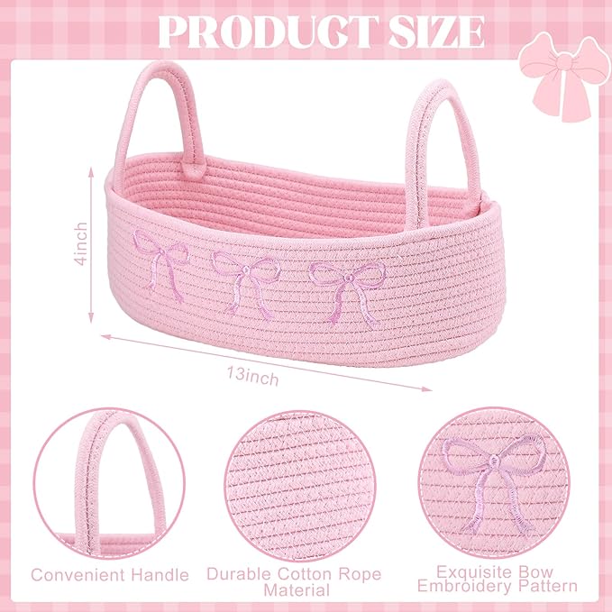 Vesici Pink Bow Woven Storage Basket for Toilet Tank Top Boho Cotton Rope Bathroom Countertop Organizer Basket with Handle Pink Bathroom Decor for Bedroom Nursery Toys Organizing, 13 x 6 x 4 Inch