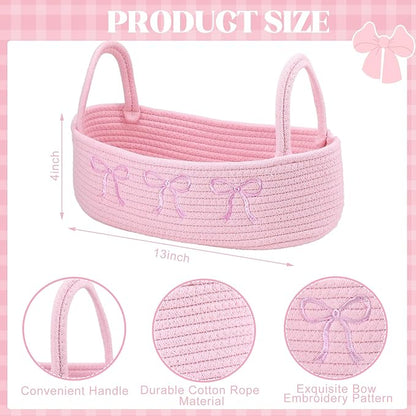 Vesici Pink Bow Woven Storage Basket for Toilet Tank Top Boho Cotton Rope Bathroom Countertop Organizer Basket with Handle Pink Bathroom Decor for Bedroom Nursery Toys Organizing, 13 x 6 x 4 Inch